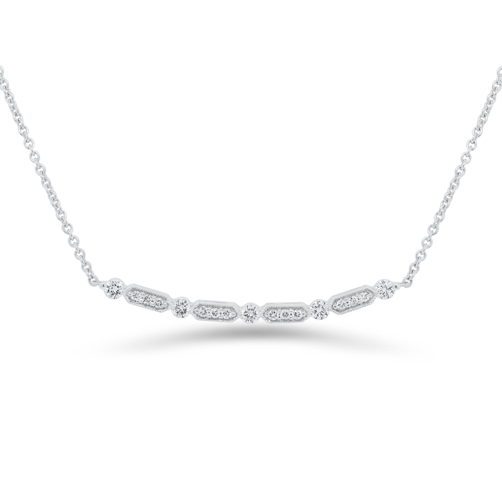 Diamond Bar Station Necklace - 18K white gold weighing 3.75 grams - 5 round diamonds totaling 0.23 carats - 12 round diamonds totaling 0.09 carats