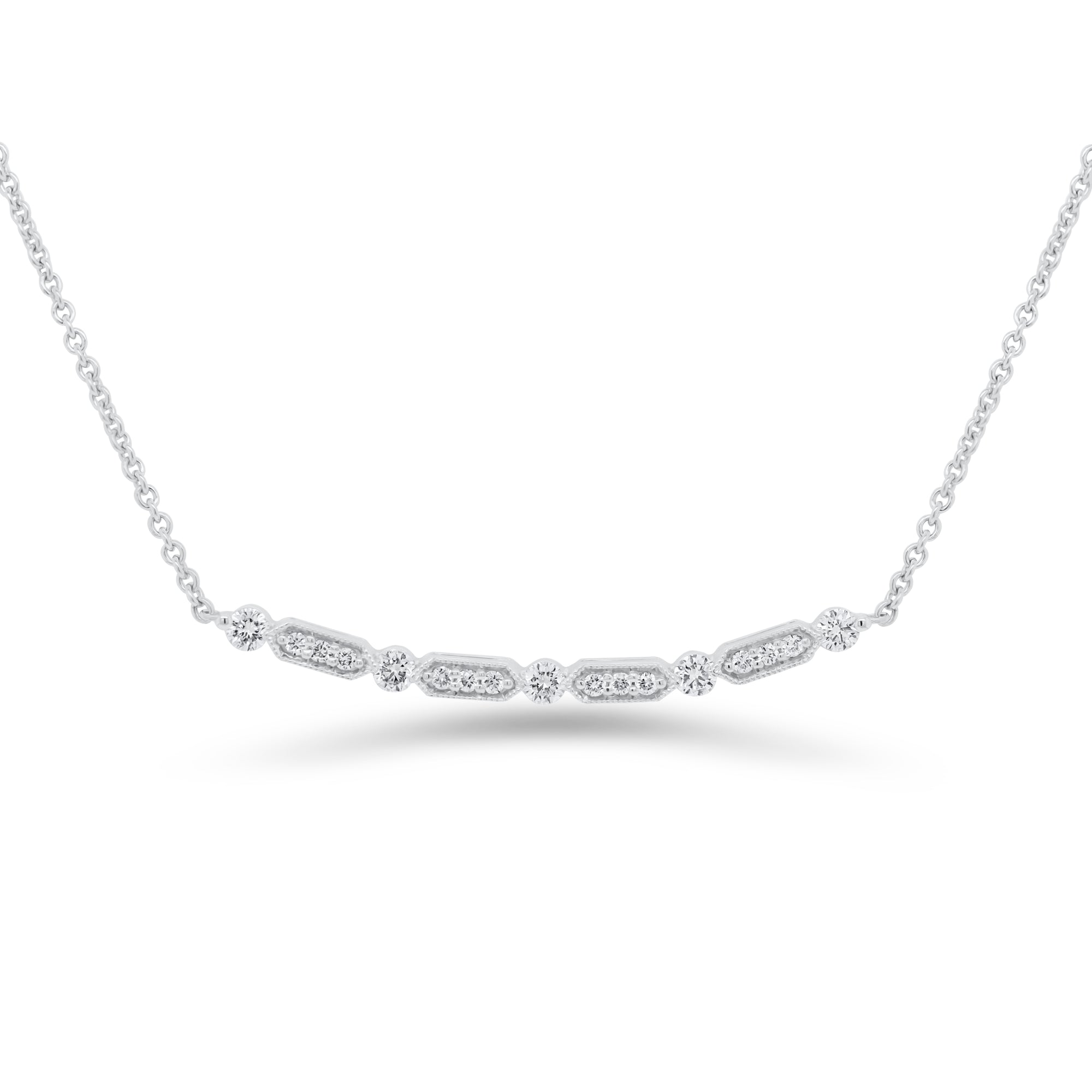 Diamond Bar Station Necklace - 18K white gold weighing 3.75 grams - 5 round diamonds totaling 0.23 carats - 12 round diamonds totaling 0.09 carats