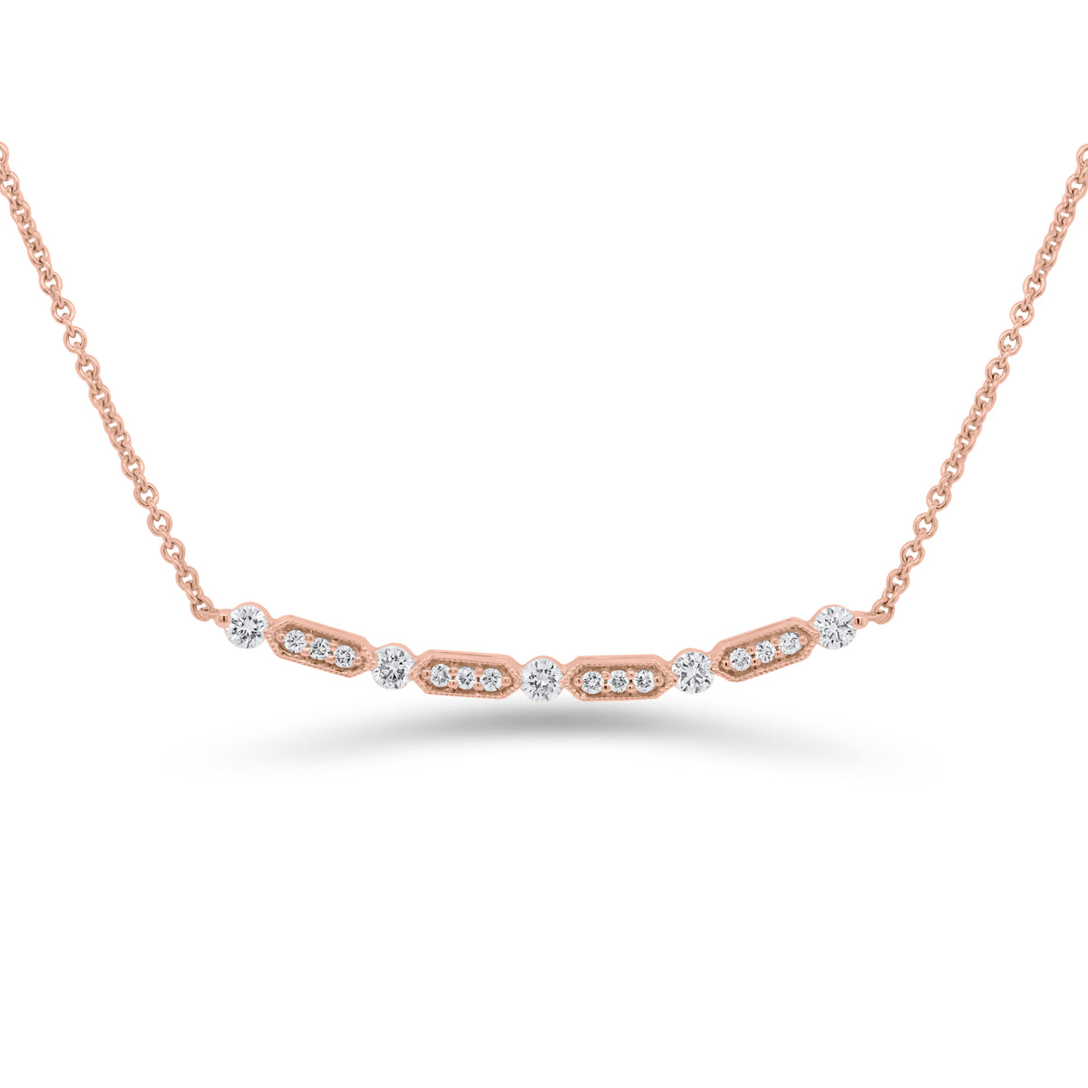 Diamond Bar Station Necklace - 18K rose gold weighing 3.75 grams - 5 round diamonds totaling 0.23 carats - 12 round diamonds totaling 0.09 carats