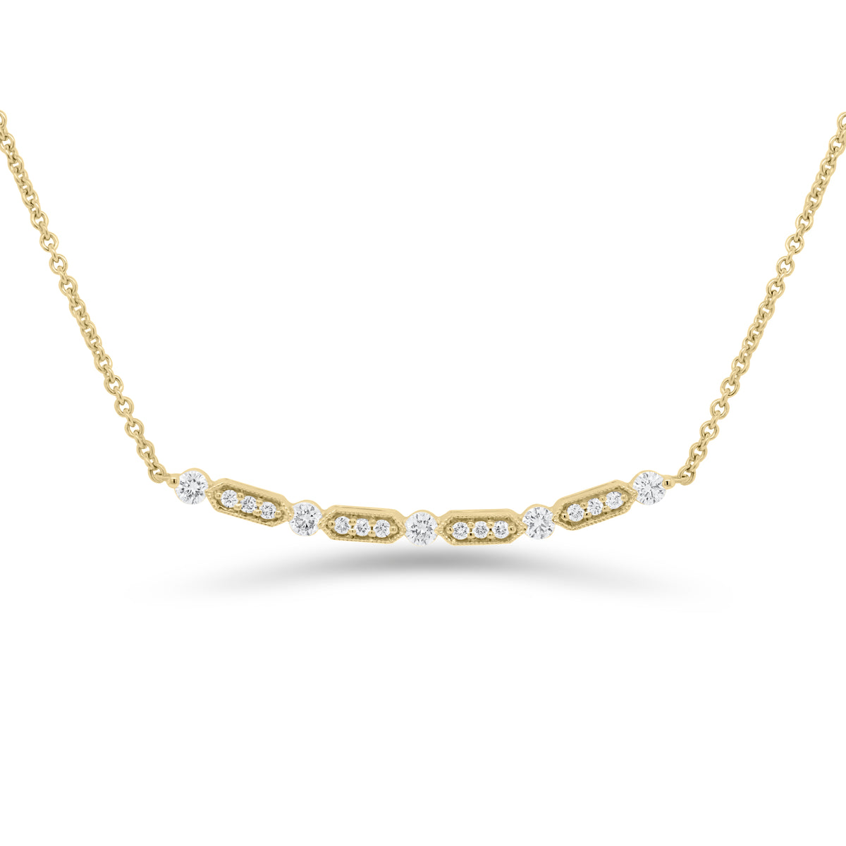 Diamond Bar Station Necklace - 18K yellow gold weighing 3.75 grams - 5 round diamonds totaling 0.23 carats - 12 round diamonds totaling 0.09 carats