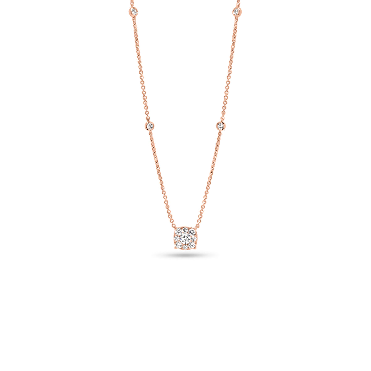 Halo Diamond Cushion Pendant with Bezel-Set Diamonds  - 18K gold weighing 4.06 grams  - 0.18 ct round diamond  - 12 round diamonds totaling 0.40 carats