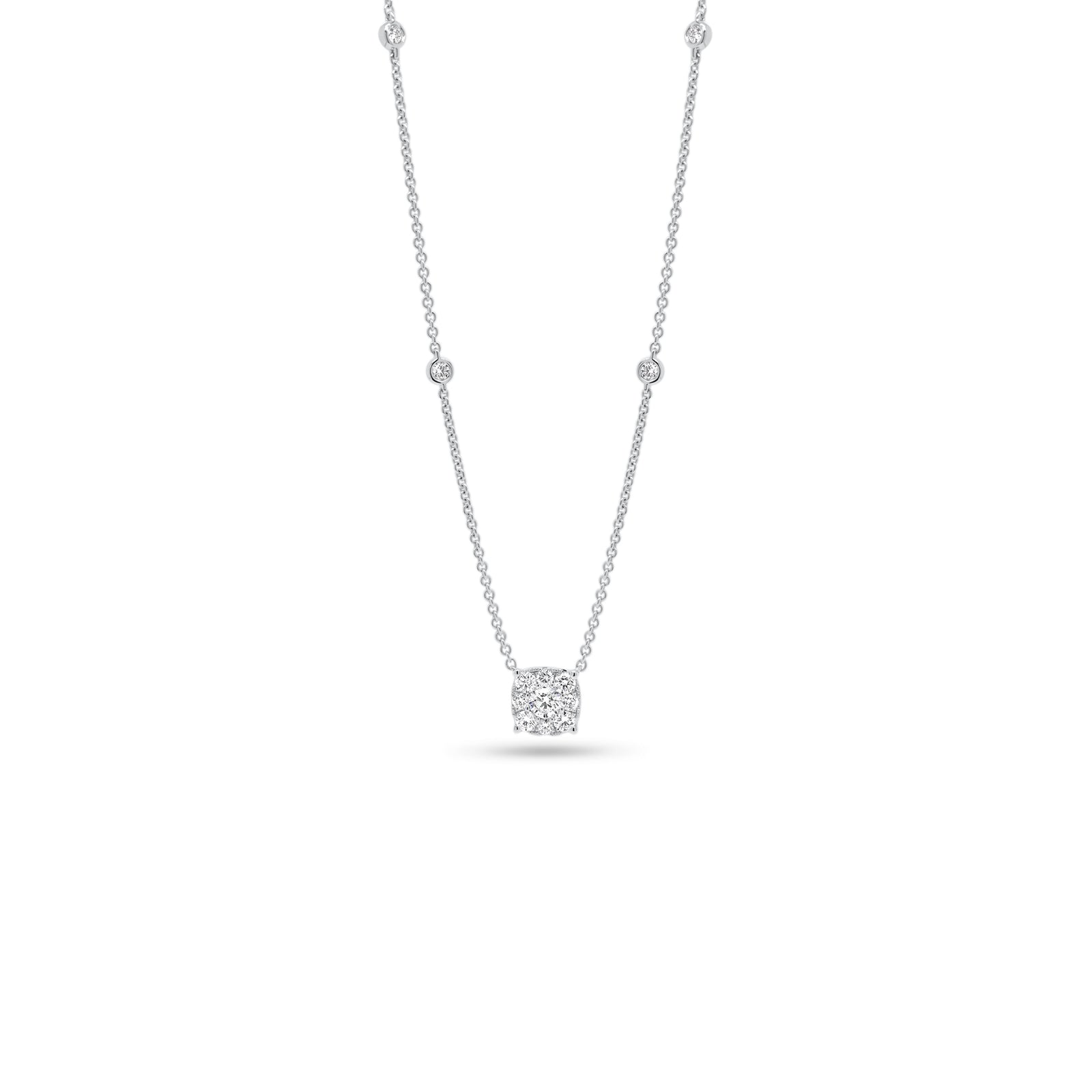 Halo Diamond Cushion Pendant with Bezel-Set Diamonds  - 18K gold weighing 4.06 grams  - 0.18 ct round diamond  - 12 round diamonds totaling 0.40 carats