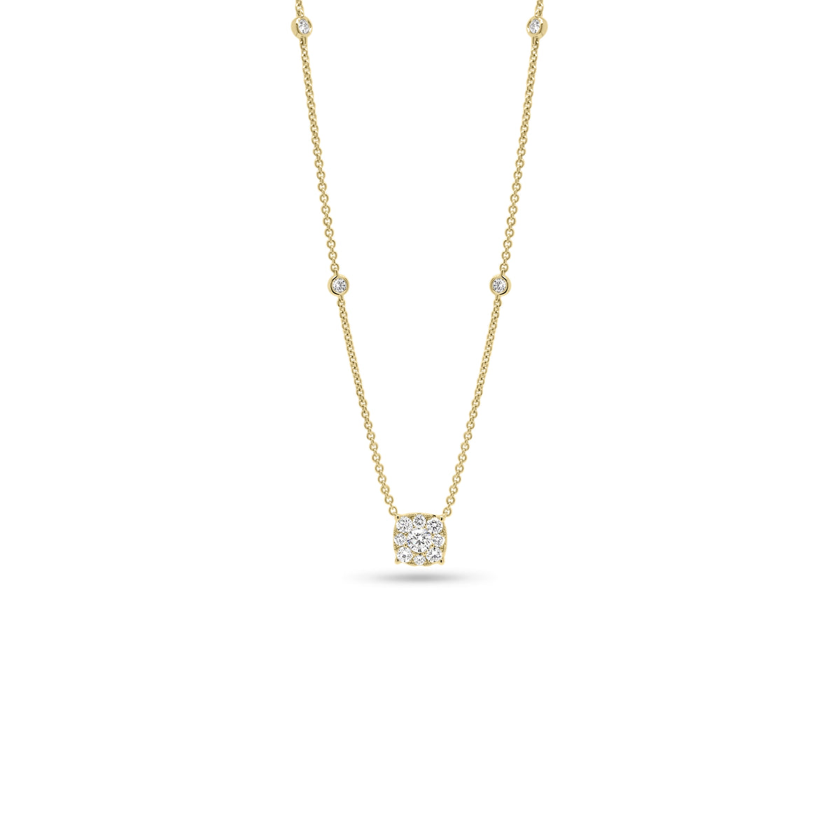 Halo Diamond Cushion Pendant with Bezel-Set Diamonds  - 18K gold weighing 4.06 grams  - 0.18 ct round diamond  - 12 round diamonds totaling 0.40 carats