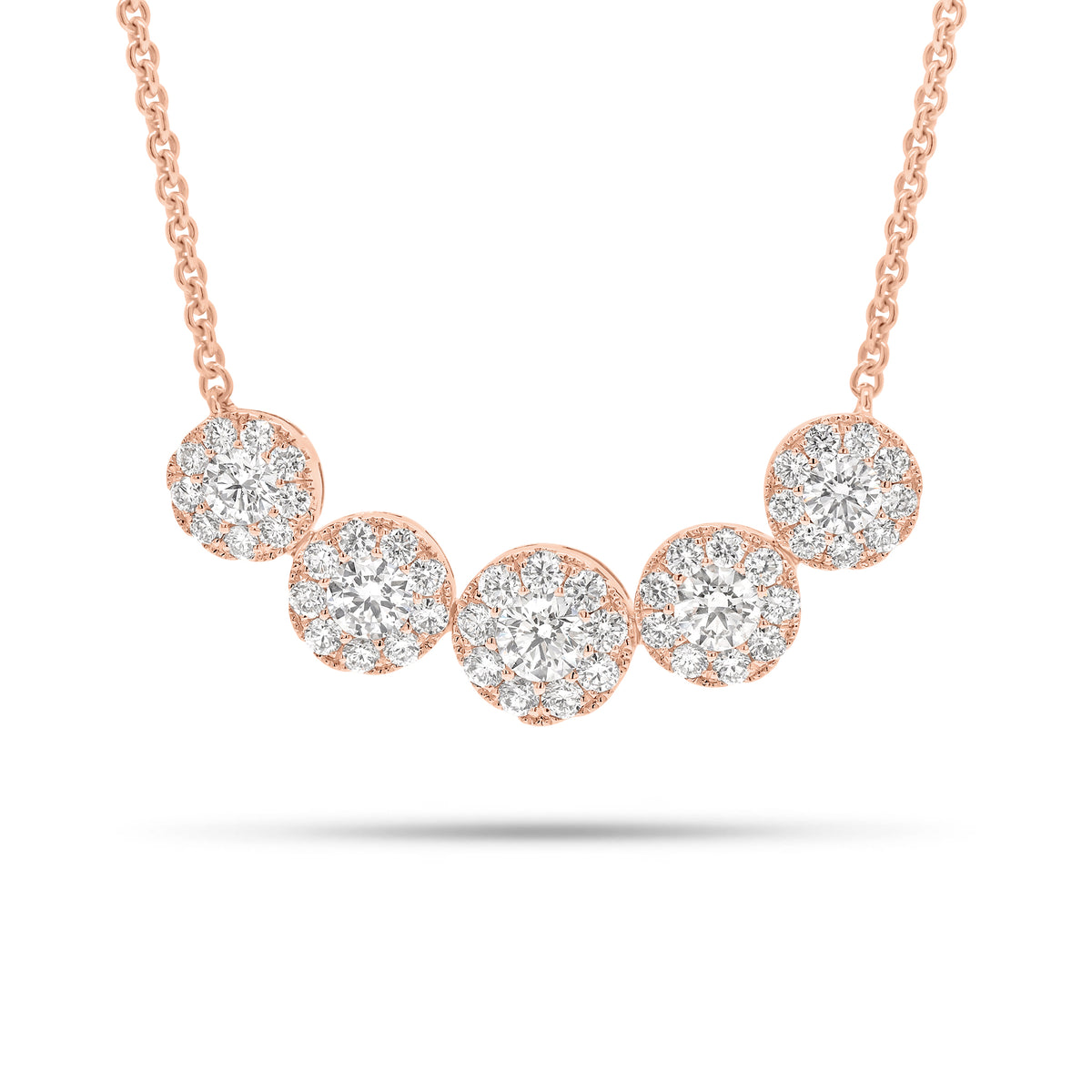 Halo Diamond Bar Necklace  - 14K gold weighing 4.39 grams  - 5 round diamonds weighing 0.56 carats  - 45 round diamonds weighing 0.53 carats