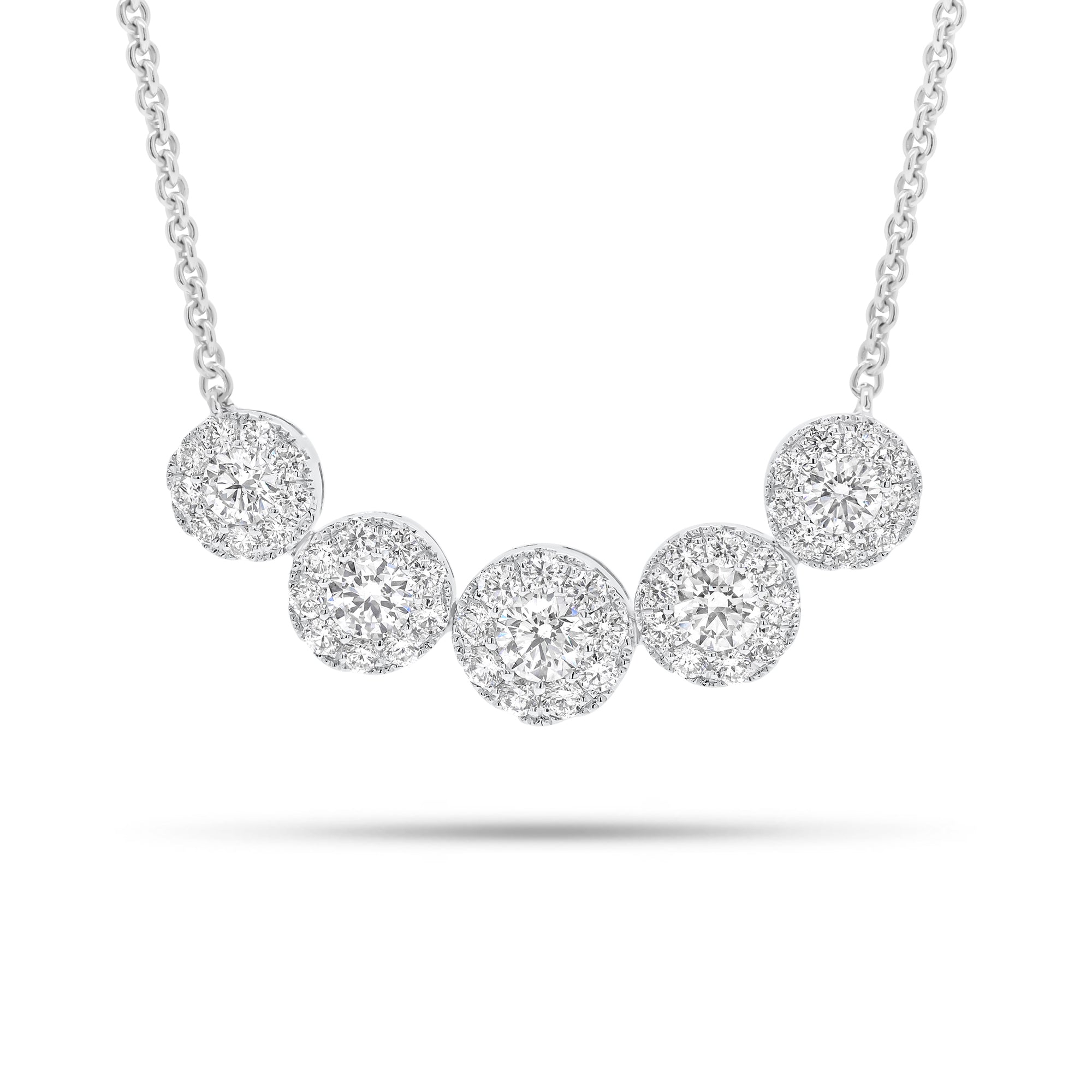 Halo Diamond Bar Necklace  - 14K gold weighing 4.39 grams  - 5 round diamonds weighing 0.56 carats  - 45 round diamonds weighing 0.53 carats