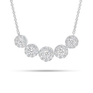 Halo Diamond Bar Necklace  - 14K gold weighing 4.39 grams  - 5 round diamonds weighing 0.56 carats  - 45 round diamonds weighing 0.53 carats