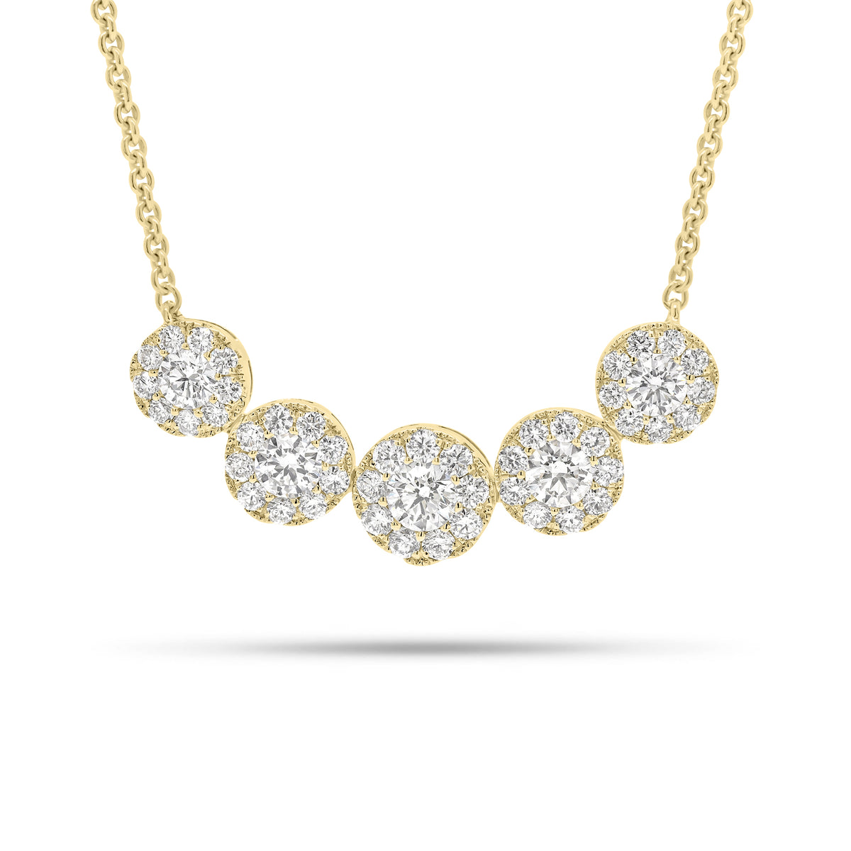 Halo Diamond Bar Necklace  - 14K gold weighing 4.39 grams  - 5 round diamonds weighing 0.56 carats  - 45 round diamonds weighing 0.53 carats