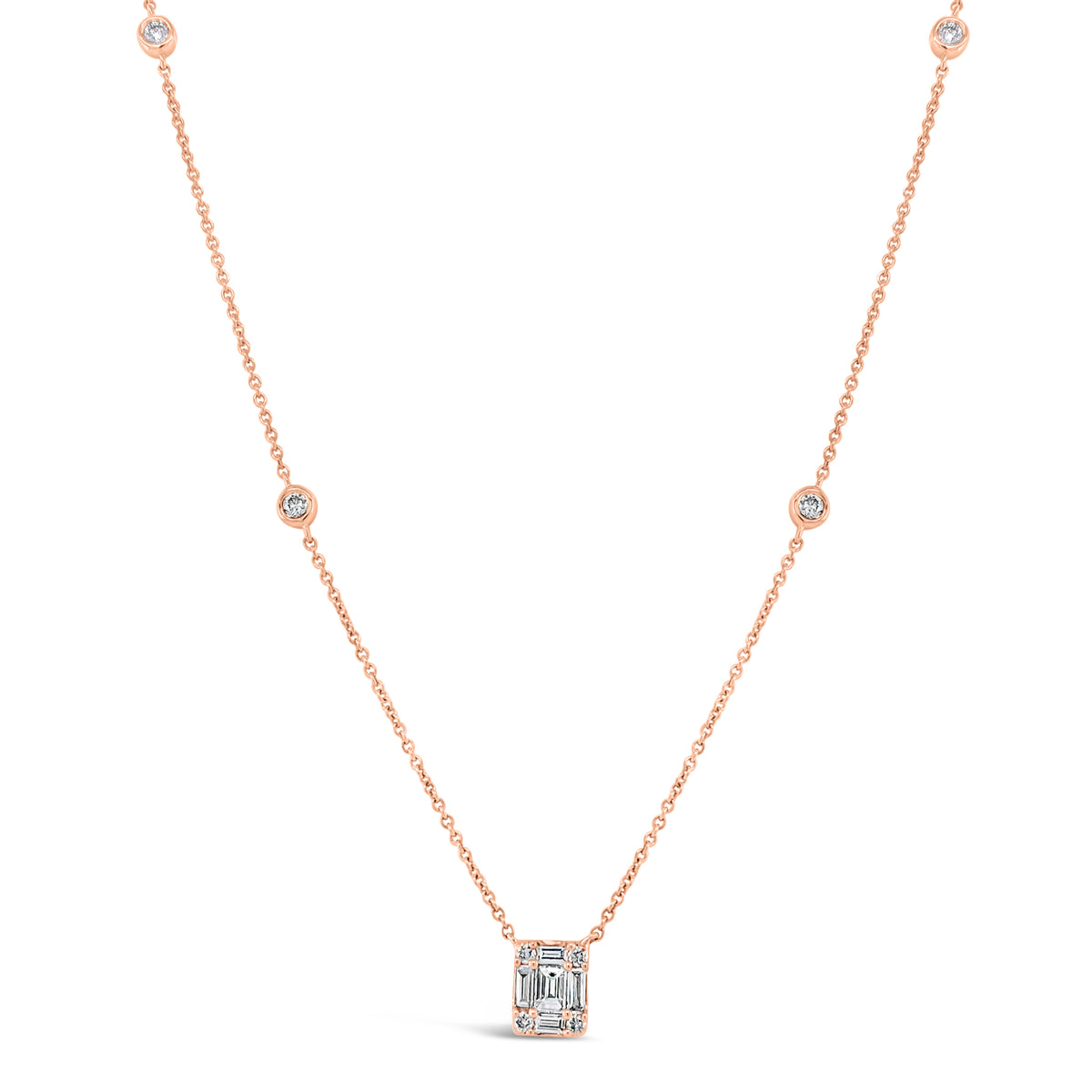 Diamond Rectangle Pendant with Bezel-Set Diamond Stations  - 14K gold weighing 2.02 grams  - 8 round diamonds totaling 0.14 carats  - 5 straight baguettes totaling 0.21 carats
