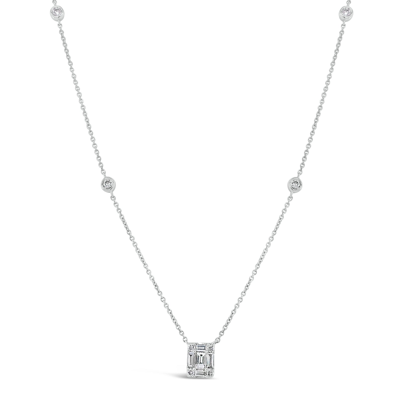 Diamond Rectangle Pendant with Bezel-Set Diamond Stations  - 14K gold weighing 2.02 grams  - 8 round diamonds totaling 0.14 carats  - 5 straight baguettes totaling 0.21 carats