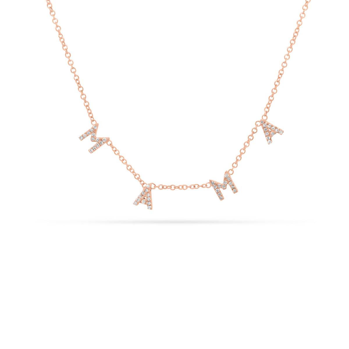 Tiny Diamond MAMA Necklace  - 14K gold weighing 1.74 grams  - 48 round diamonds totaling 0.12 carats