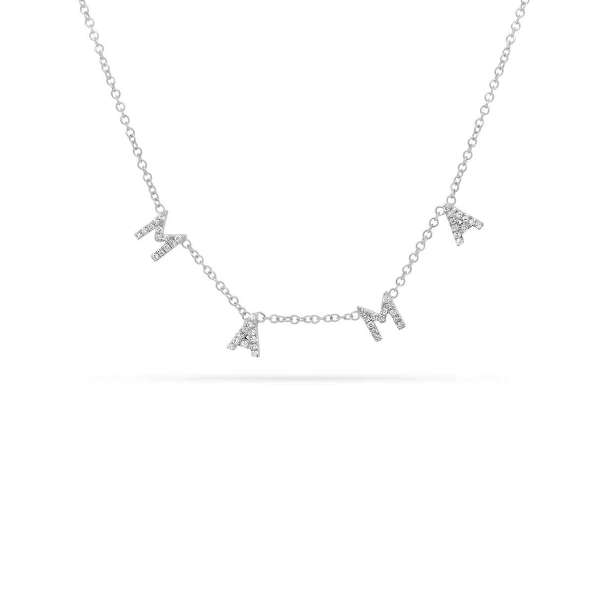 Tiny Diamond MAMA Necklace  - 14K gold weighing 1.74 grams  - 48 round diamonds totaling 0.12 carats