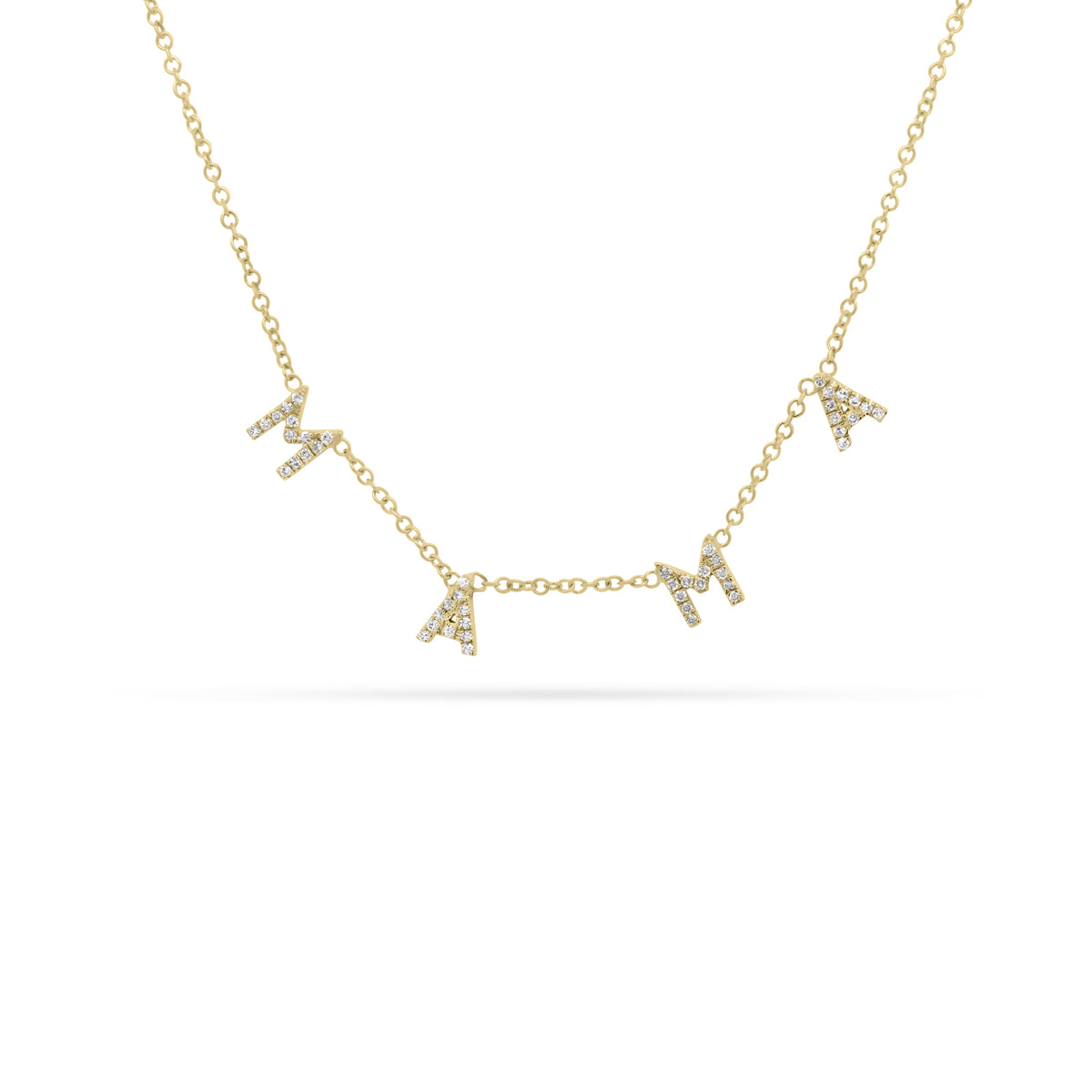Tiny Diamond MAMA Necklace  - 14K gold weighing 1.74 grams  - 48 round diamonds totaling 0.12 carats