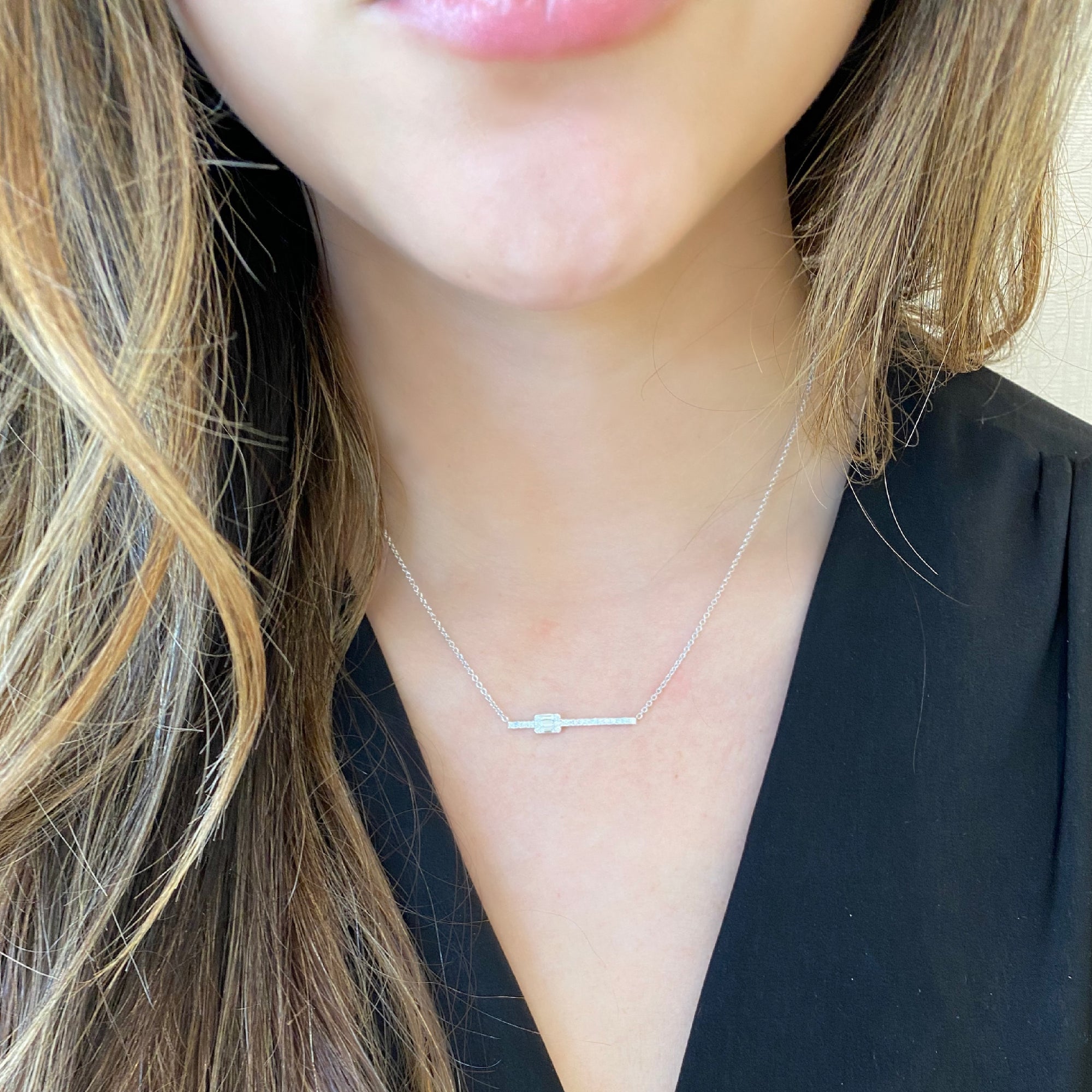 Diamond Bar Pendant with Diamond Rectangle Accent - 18K white gold weighing 3.08 grams - 22 round diamonds totaling 0.19 carats - 3 straight baguettes totaling 0.13 carats
