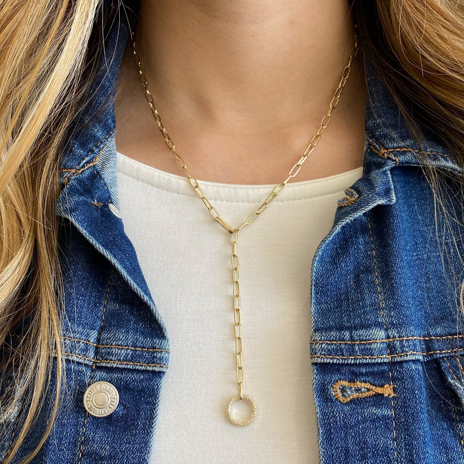 Diamond Circle Lariat Necklace with Paperclip Chain  - 14K gold weighing 10.97 grams  - 142 round diamonds totaling 0.39 carats
