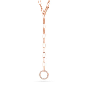Diamond Circle Lariat Necklace with Paperclip Chain  - 14K gold weighing 10.97 grams  - 142 round diamonds totaling 0.39 carats