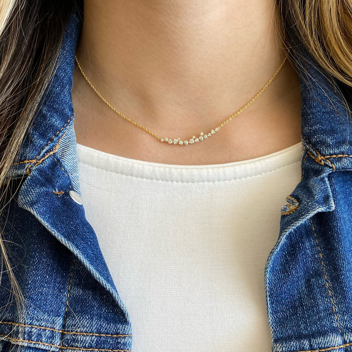 Female Model Wearing Diamond Confetti Bar Pendant - 14K gold weighing 3.34 grams  - 16 round diamonds totaling 0.45 carats