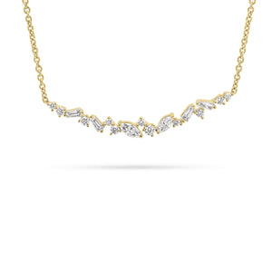 Mixed Cut Diamond Bar Necklace  - 18K gold weighing 3.48 grams  - 2 marquise-shaped diamonds totaling 0.18 carats  - 11 round diamonds totaling 0.19 carats  - 4 tapered baguettes totaling 0.17 carats