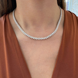 Female Model Wearing 12.84 ct Diamond Tennis Necklace  - 14K gold weighing 28.52 grams  - 324 round diamonds totaling 12.84 carats