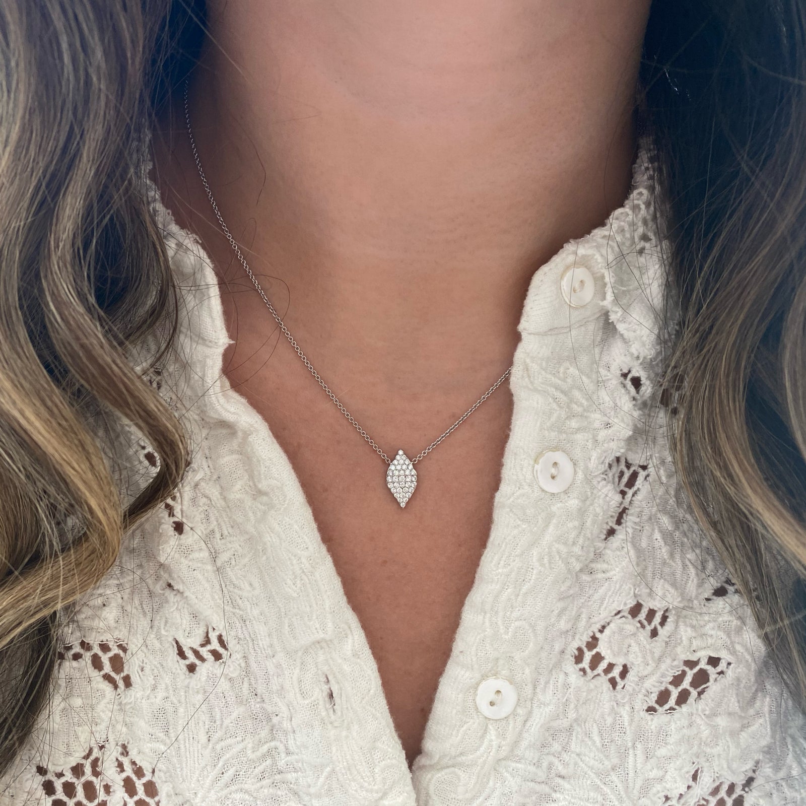 Solid 18k white gold weighing 3.99 grams with 35 round diamonds weighing 0.38 carats Pave Diamond Marquise Pendant Necklace | Nuha Jewelers