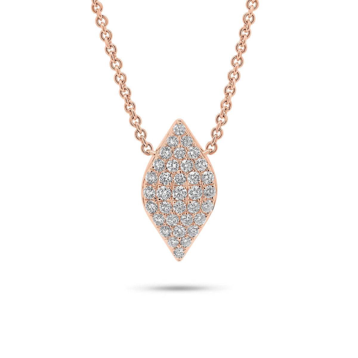 Solid 18k rose gold weighing 3.99 grams with 35 round diamonds weighing 0.38 carats Pave Diamond Marquise Pendant Necklace | Nuha Jewelers