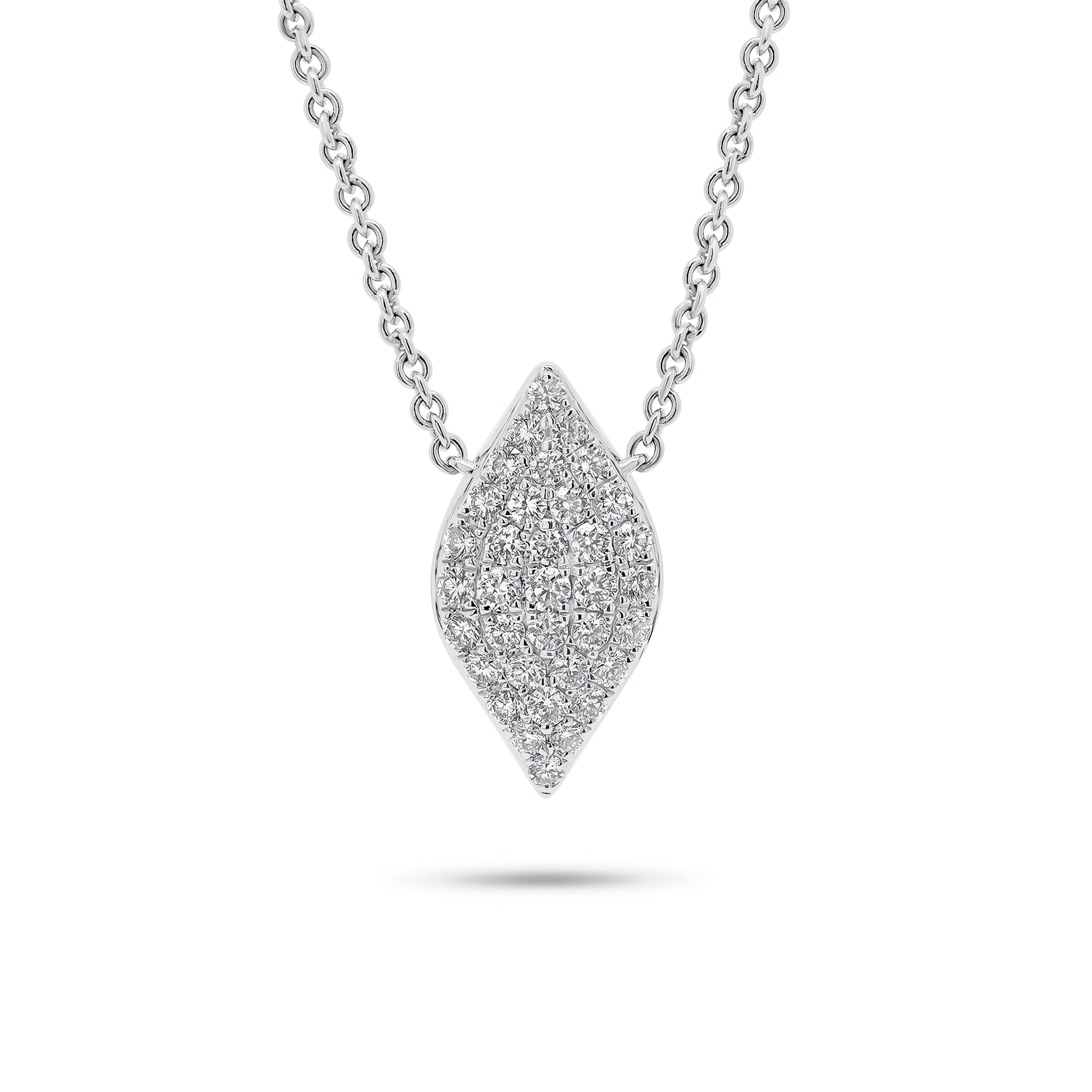 Solid 18k white gold weighing 3.99 grams with 35 round diamonds weighing 0.38 carats Pave Diamond Marquise Pendant Necklace | Nuha Jewelers