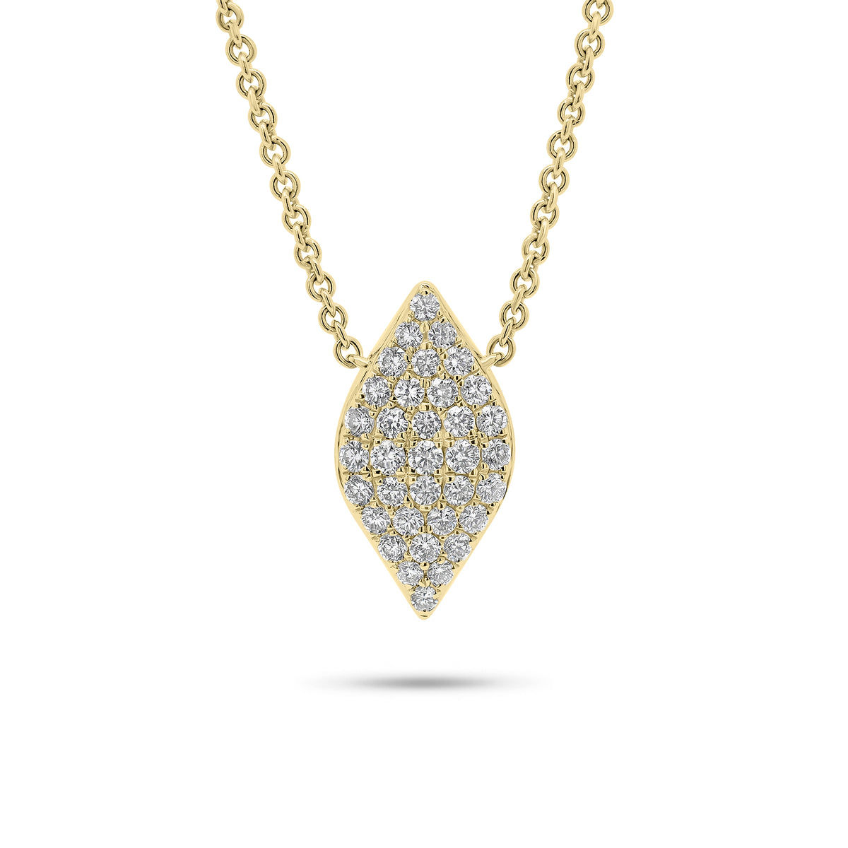 Solid 18k yellow gold weighing 3.99 grams with 35 round diamonds weighing 0.38 carats Pave Diamond Marquise Pendant Necklace | Nuha Jewelers