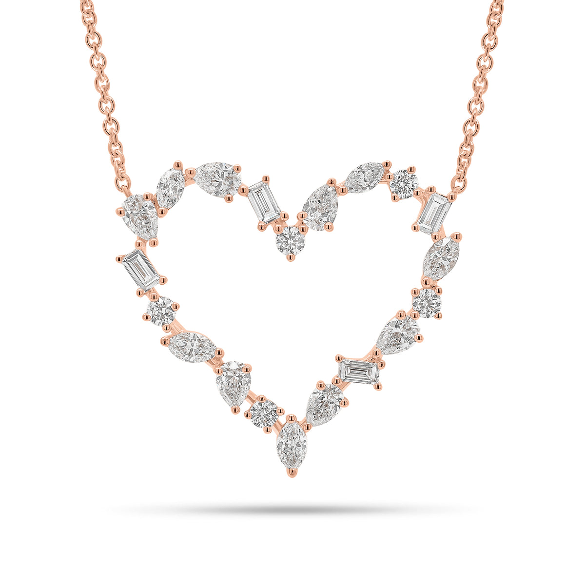 Solid 18K rose gold weighing 4.76 grams with 20 mixed shape diamonds weighing 1.33 carats Mixed Shape Diamond Open Heart Pendant Necklace | Nuha Jewelers