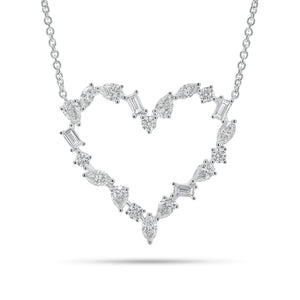 Solid 18K white gold weighing 4.76 grams with 20 mixed shape diamonds weighing 1.33 carats Mixed Shape Diamond Open Heart Pendant Necklace | Nuha Jewelers