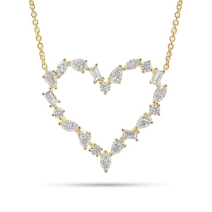 Solid 18K yellow gold weighing 4.76 grams with 20 mixed shape diamonds weighing 1.33 carats Mixed Shape Diamond Open Heart Pendant Necklace | Nuha Jewelers