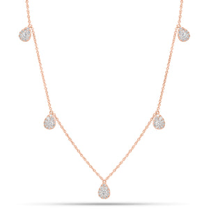 Diamond Teardrops Necklace  - 14K gold weighing 2.58 grams  - 5 round diamonds weighing 0.20 carats  - 50 round diamonds weighing 0.23 carats