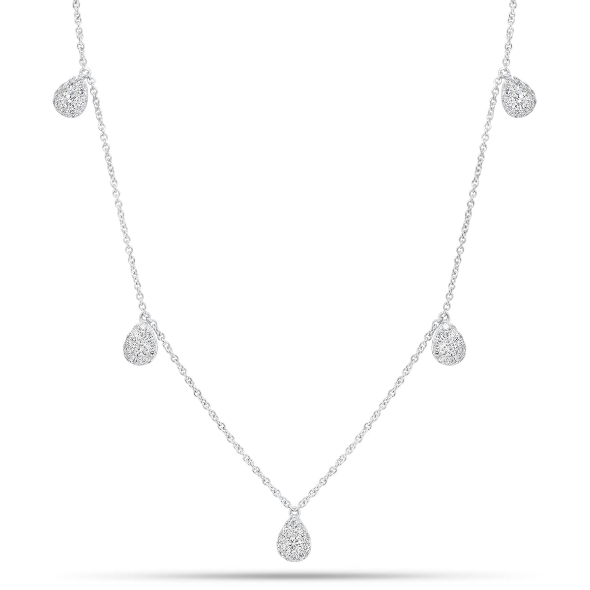 Diamond Teardrops Necklace  - 14K gold weighing 2.58 grams  - 5 round diamonds weighing 0.20 carats  - 50 round diamonds weighing 0.23 carats