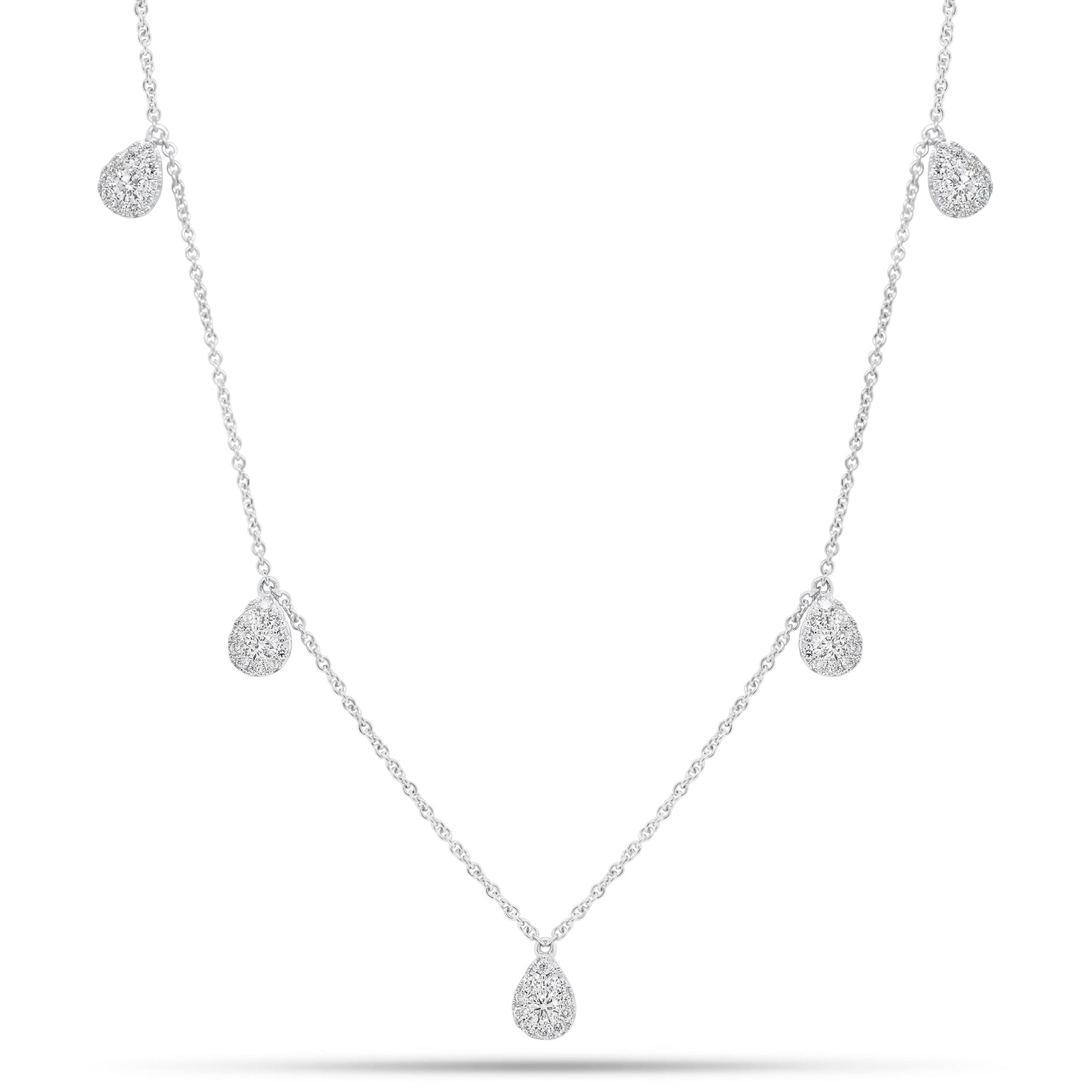 Diamond Teardrops Necklace  - 14K gold weighing 2.58 grams  - 5 round diamonds weighing 0.20 carats  - 50 round diamonds weighing 0.23 carats
