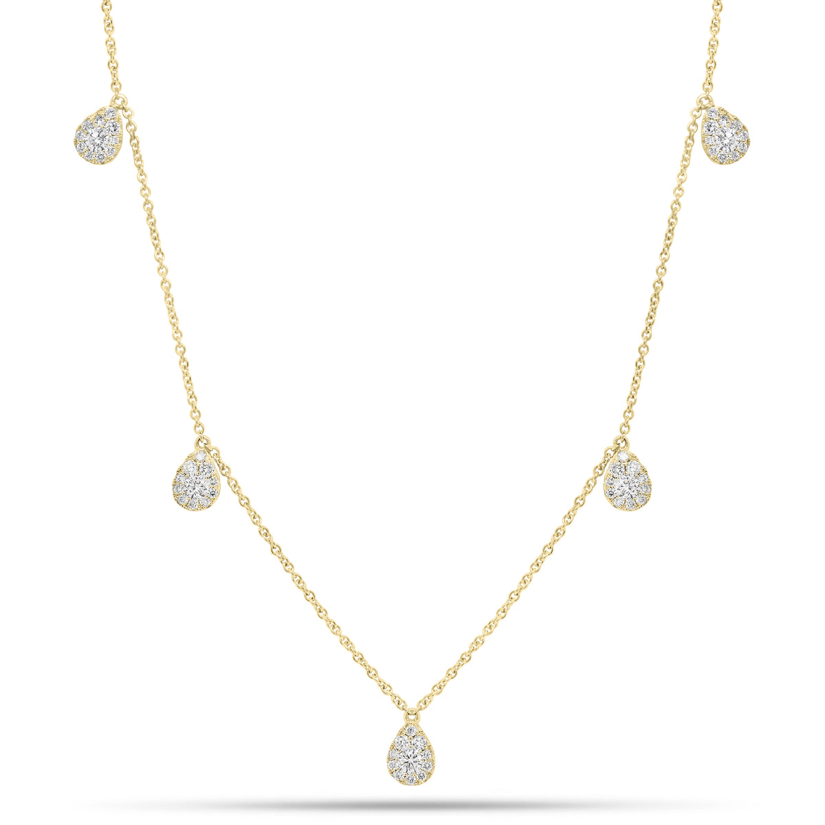 Diamond Teardrops Necklace  - 14K gold weighing 2.58 grams  - 5 round diamonds weighing 0.20 carats  - 50 round diamonds weighing 0.23 carats