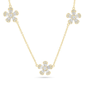 Round & Baguette Diamond Flower Station Necklace  -14K gold weighing 3.87 grams  -33 round diamonds weighing 0.43 carats  -30 slim baguettes weighing 0.71 carats