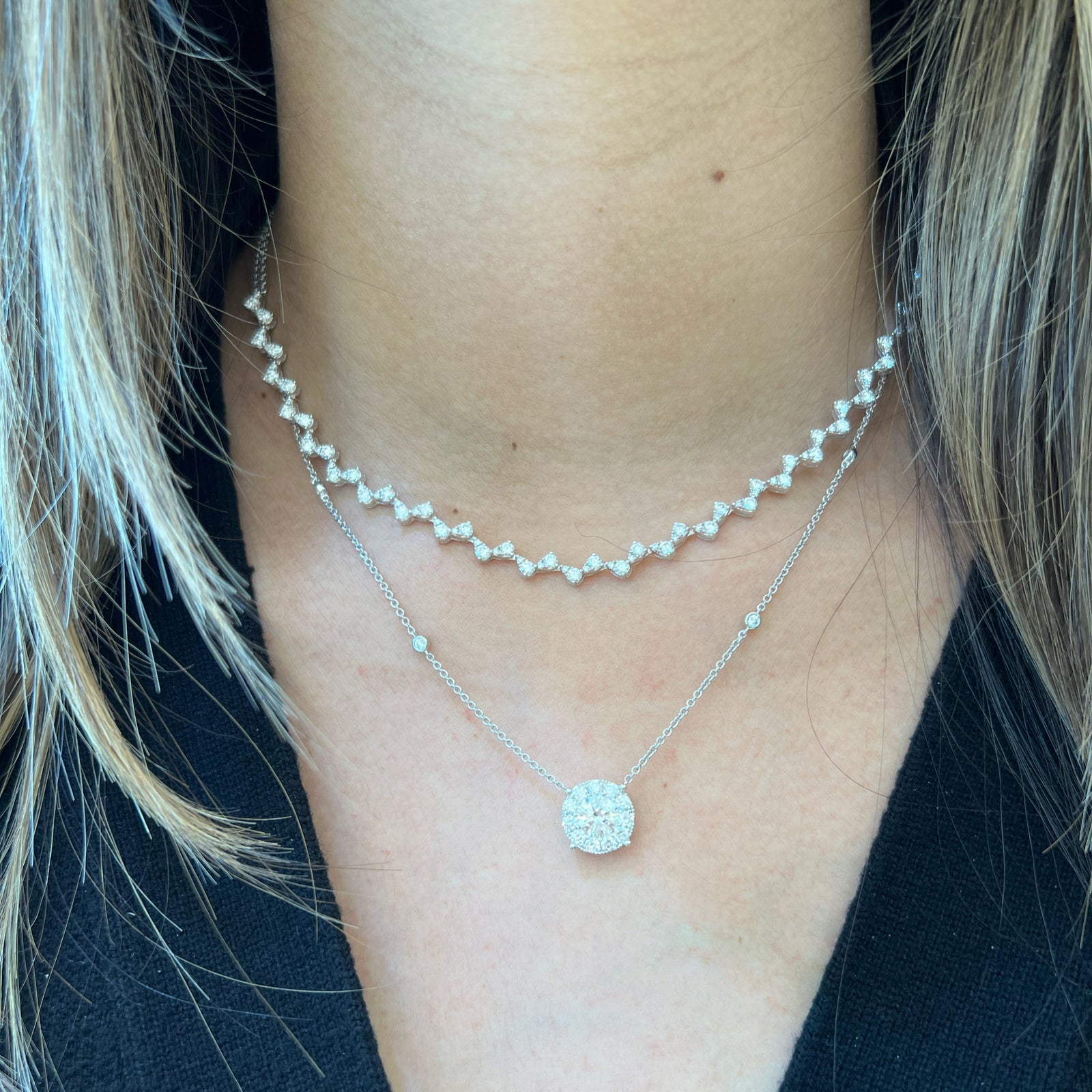 Diamond Zigzag Fashion Necklace  -14K gold weighing 8.52 grams  -48 round diamonds weighing 2.39 carats  -48 round diamonds weighing 0.25 carats