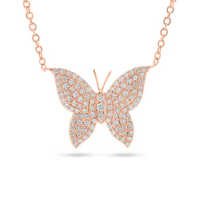Pave Set Full-cut Diamond Butterfly Pendant Necklace  -14K gold weighing 3.83 grams  -107 full cut round, pave-set diamonds weighing 0.35 carats