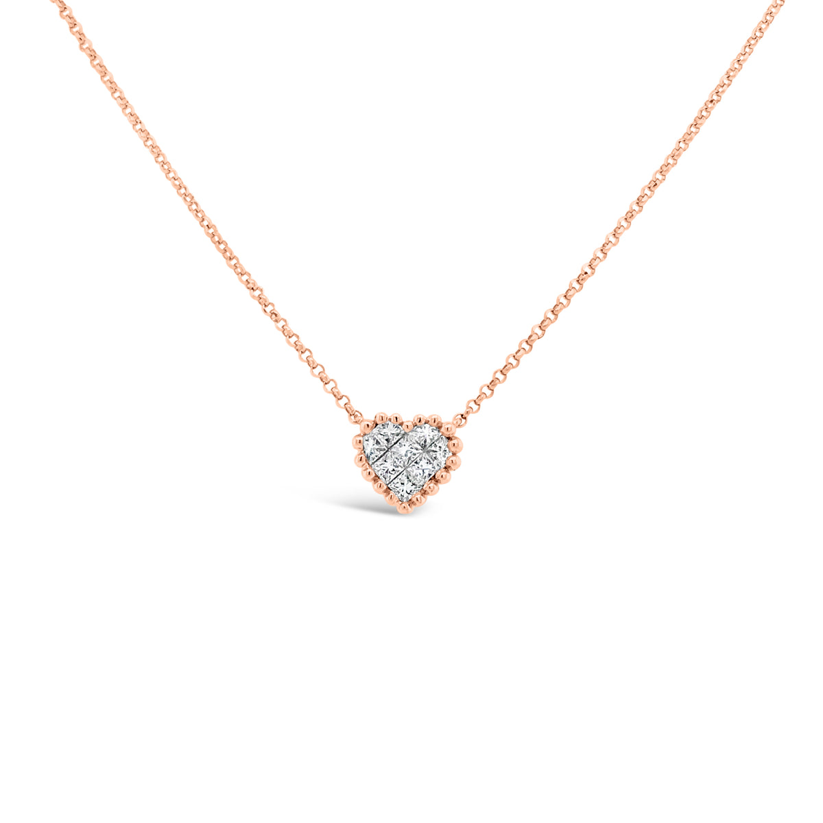 Diamond Tiny Heart Necklace  -18K gold weighing 2.58 grams  -8 princess-cut diamonds totaling 0.24 carats