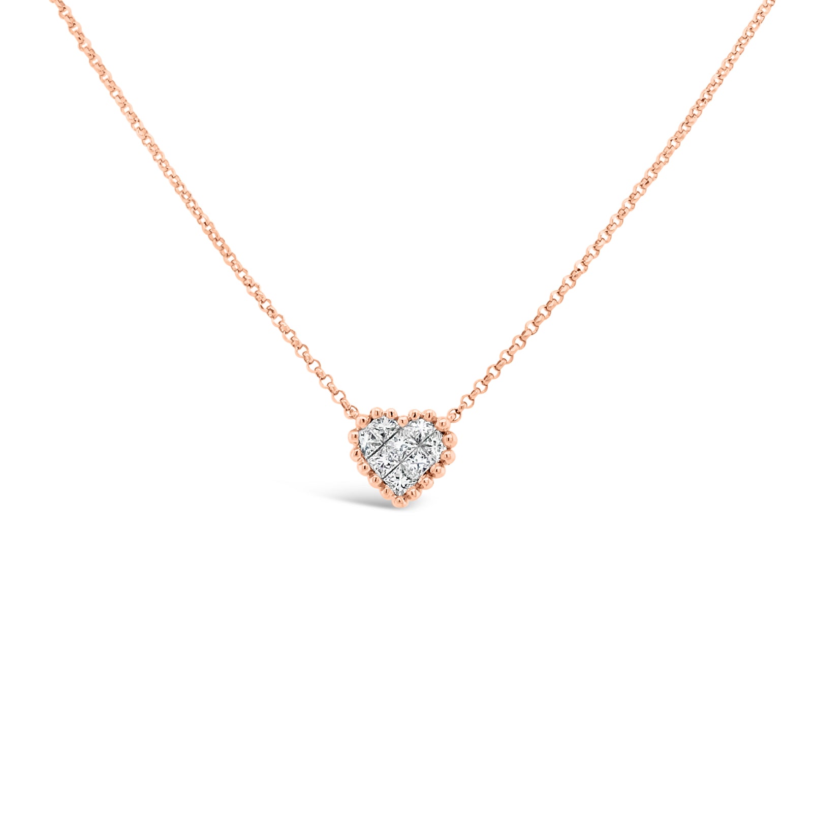 Diamond Tiny Heart Necklace  -18K gold weighing 2.58 grams  -8 princess-cut diamonds totaling 0.24 carats