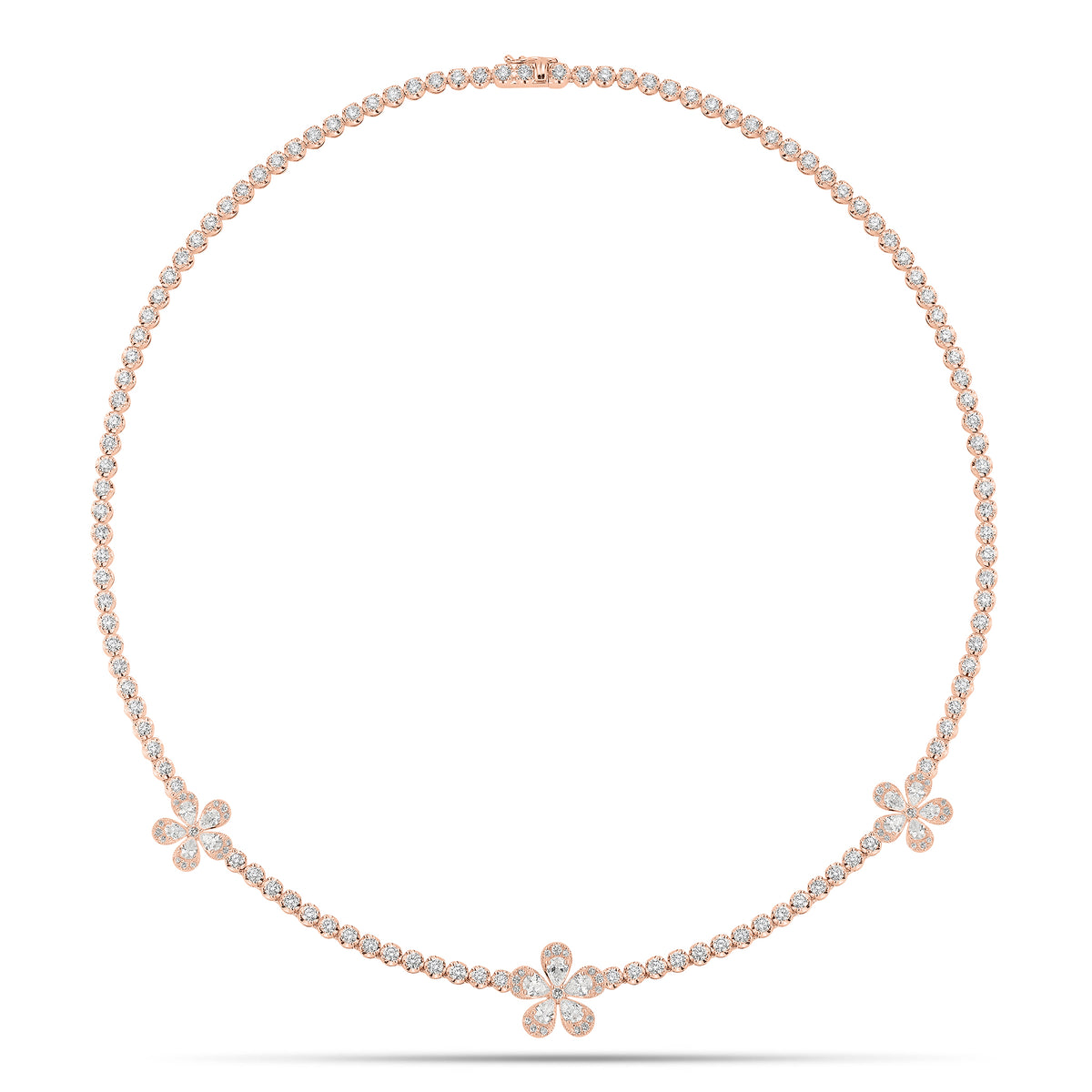 Diamond Flower Tennis Necklace - 18K gold weighing 20.02 grams  - 15 pear-shaped diamonds weighing 1.55 carats  - 115 round diamonds weighing 5.76 carats  - 48 round diamonds weighing 3.50 carats