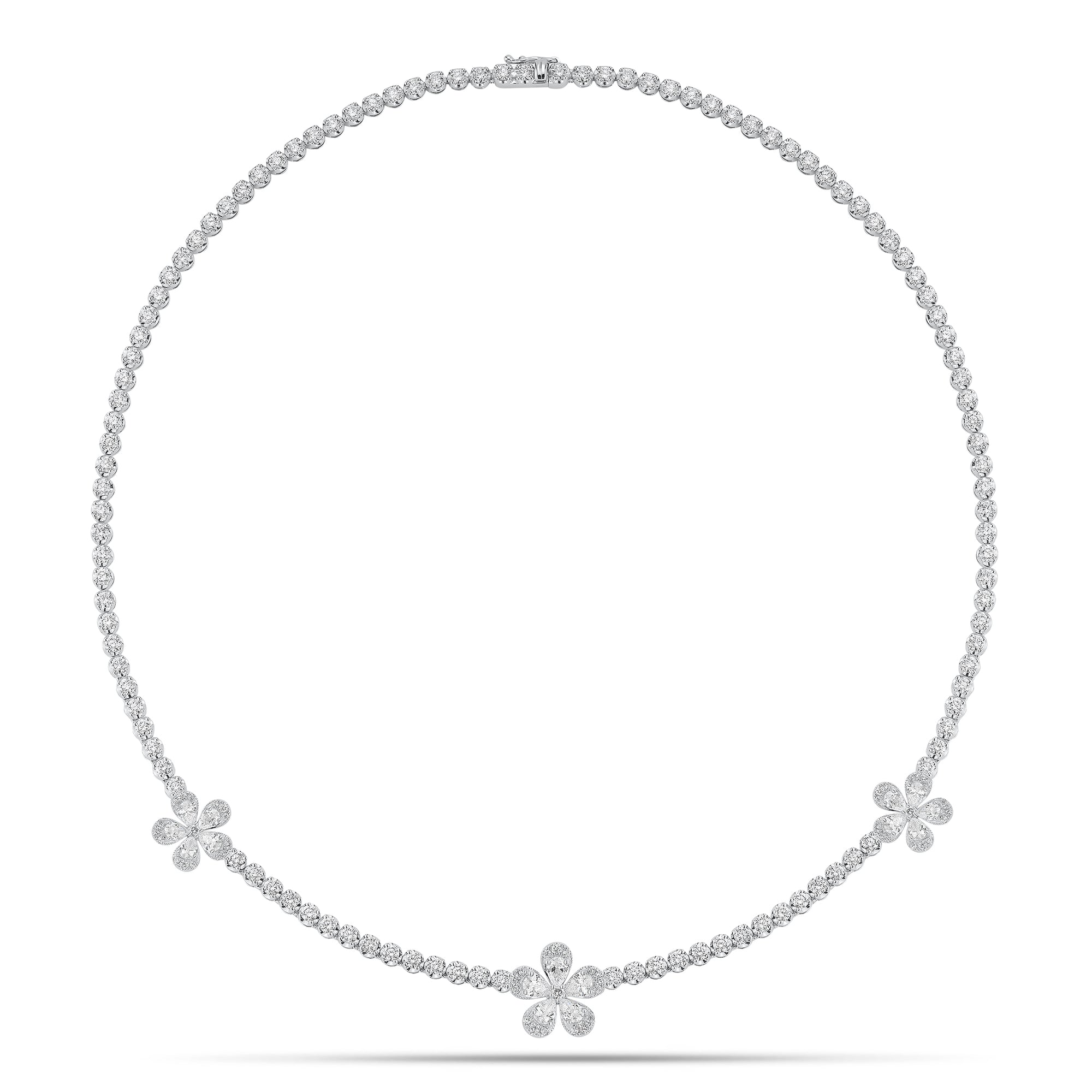 Diamond Flower Tennis Necklace - 18K gold weighing 20.02 grams  - 15 pear-shaped diamonds weighing 1.55 carats  - 115 round diamonds weighing 5.76 carats  - 48 round diamonds weighing 3.50 carats