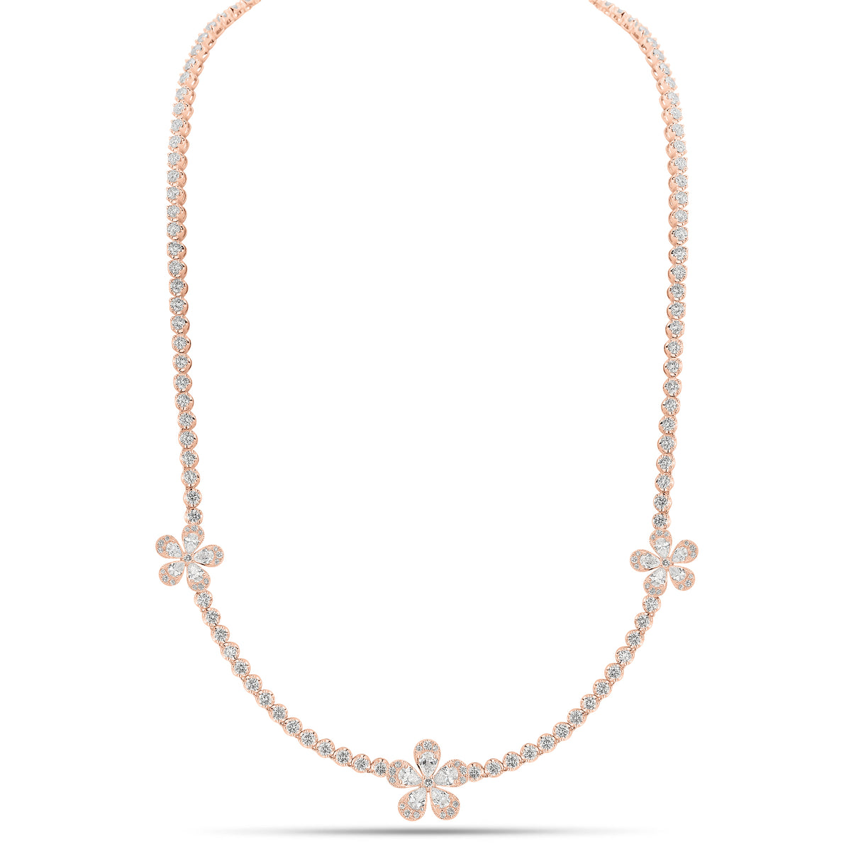 Diamond Flower Tennis Necklace - 18K gold weighing 20.02 grams  - 15 pear-shaped diamonds weighing 1.55 carats  - 115 round diamonds weighing 5.76 carats  - 48 round diamonds weighing 3.50 carats