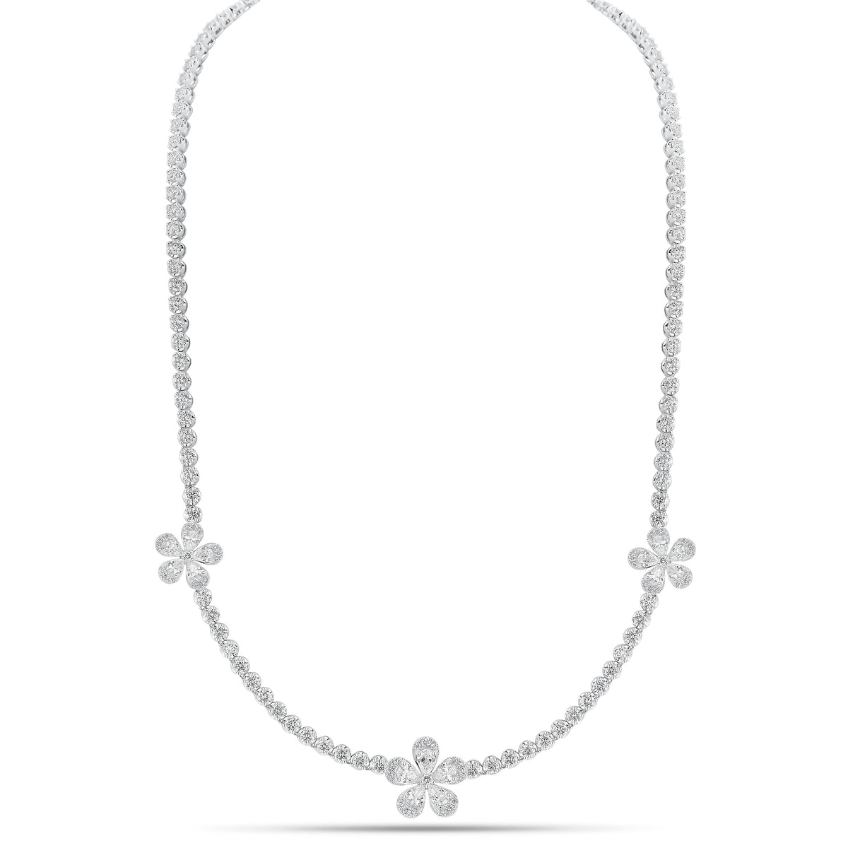 Diamond Flower Tennis Necklace - 18K gold weighing 20.02 grams  - 15 pear-shaped diamonds weighing 1.55 carats  - 115 round diamonds weighing 5.76 carats  - 48 round diamonds weighing 3.50 carats
