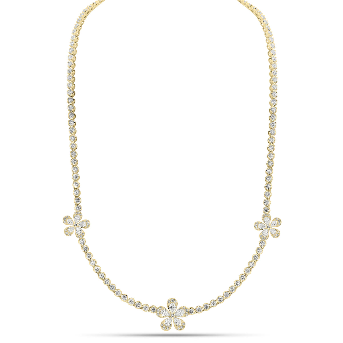 Diamond Flower Tennis Necklace - 18K gold weighing 20.02 grams  - 15 pear-shaped diamonds weighing 1.55 carats  - 115 round diamonds weighing 5.76 carats  - 48 round diamonds weighing 3.50 carats