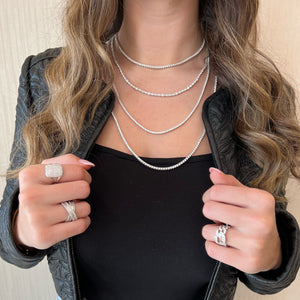 Female Model Wearing 7.61 ct Diamond Tennis Necklace - 14K gold weighing 16.81 grams - 169 round diamonds weighing 7.61 carats