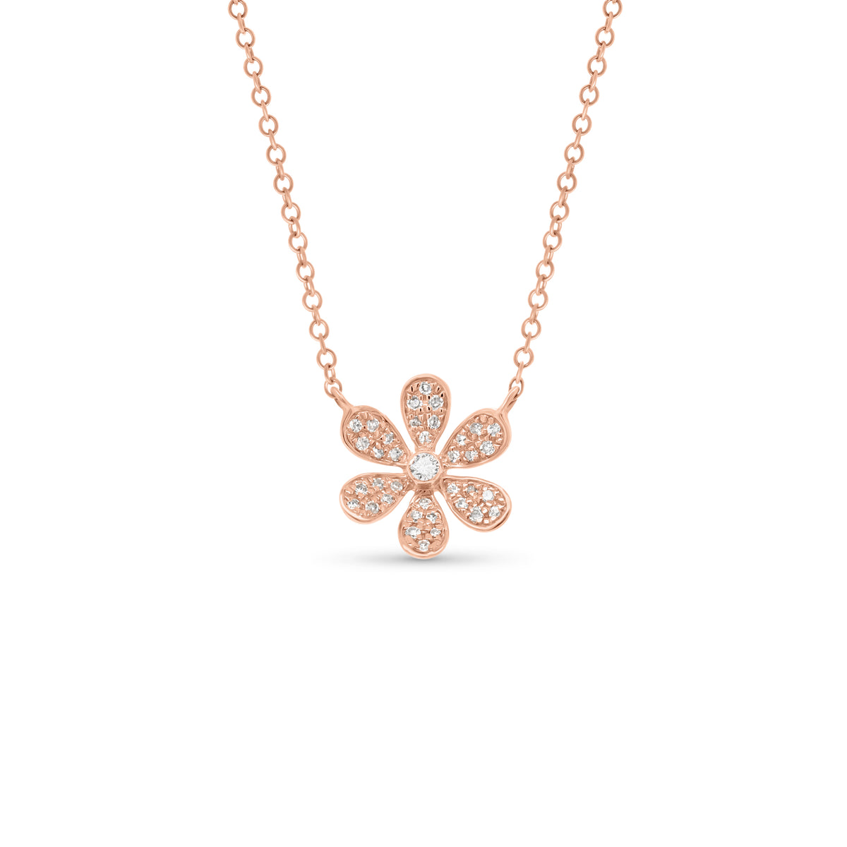 Round Diamond Daisy Necklace  - 14K gold weighing 1.80 grams  - 37 round diamonds totaling 0.12 carats