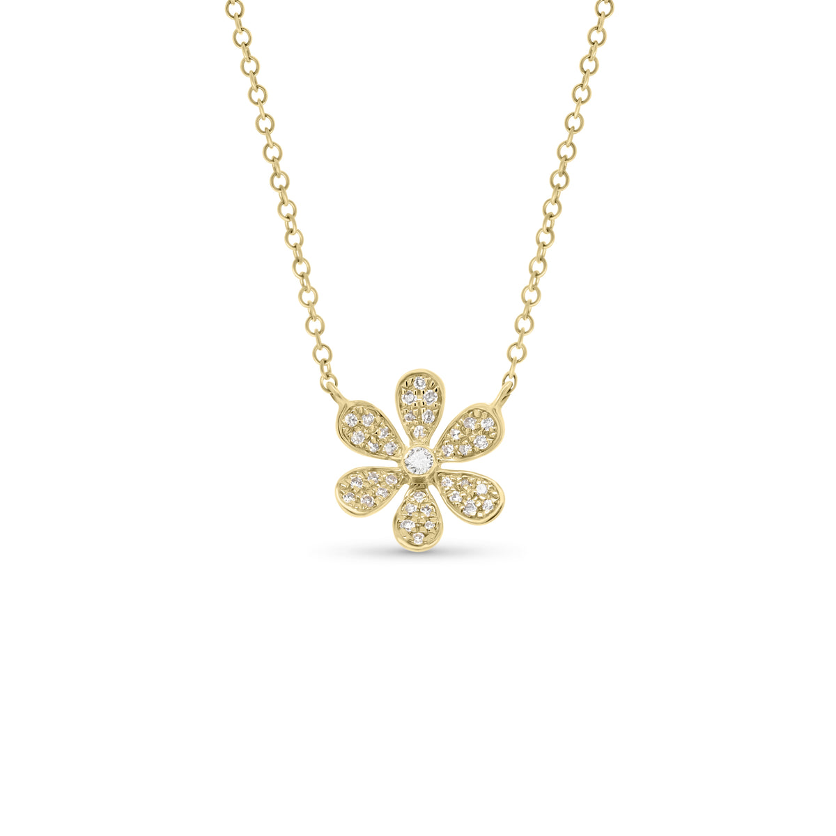 Round Diamond Daisy Necklace  - 14K gold weighing 1.80 grams  - 37 round diamonds totaling 0.12 carats