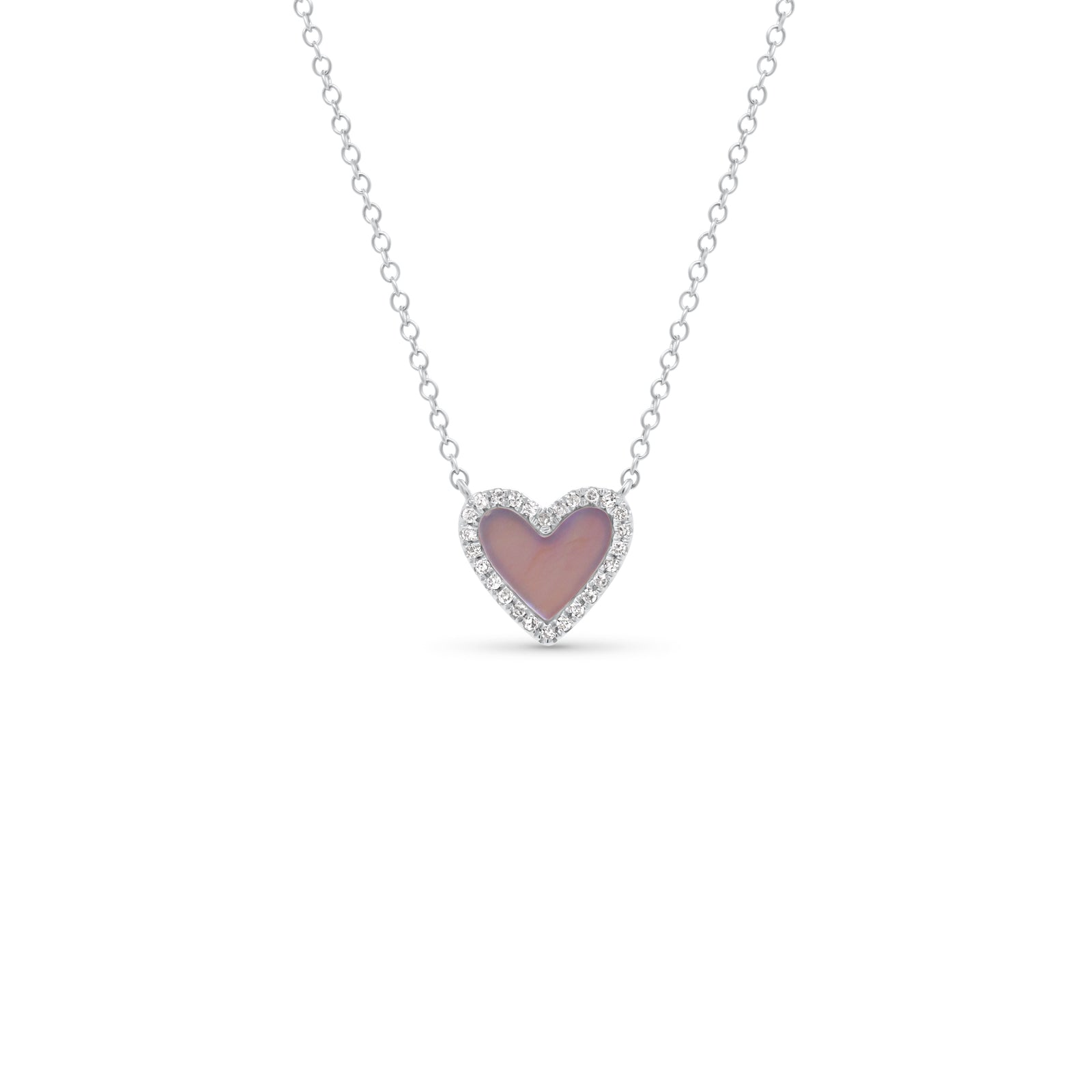 Mother of Pearl & Diamond Small Heart Pendant  - 14K gold weighing 1.57 grams  - 26 round diamonds totaling 0.07 carats  - Mother of pearl