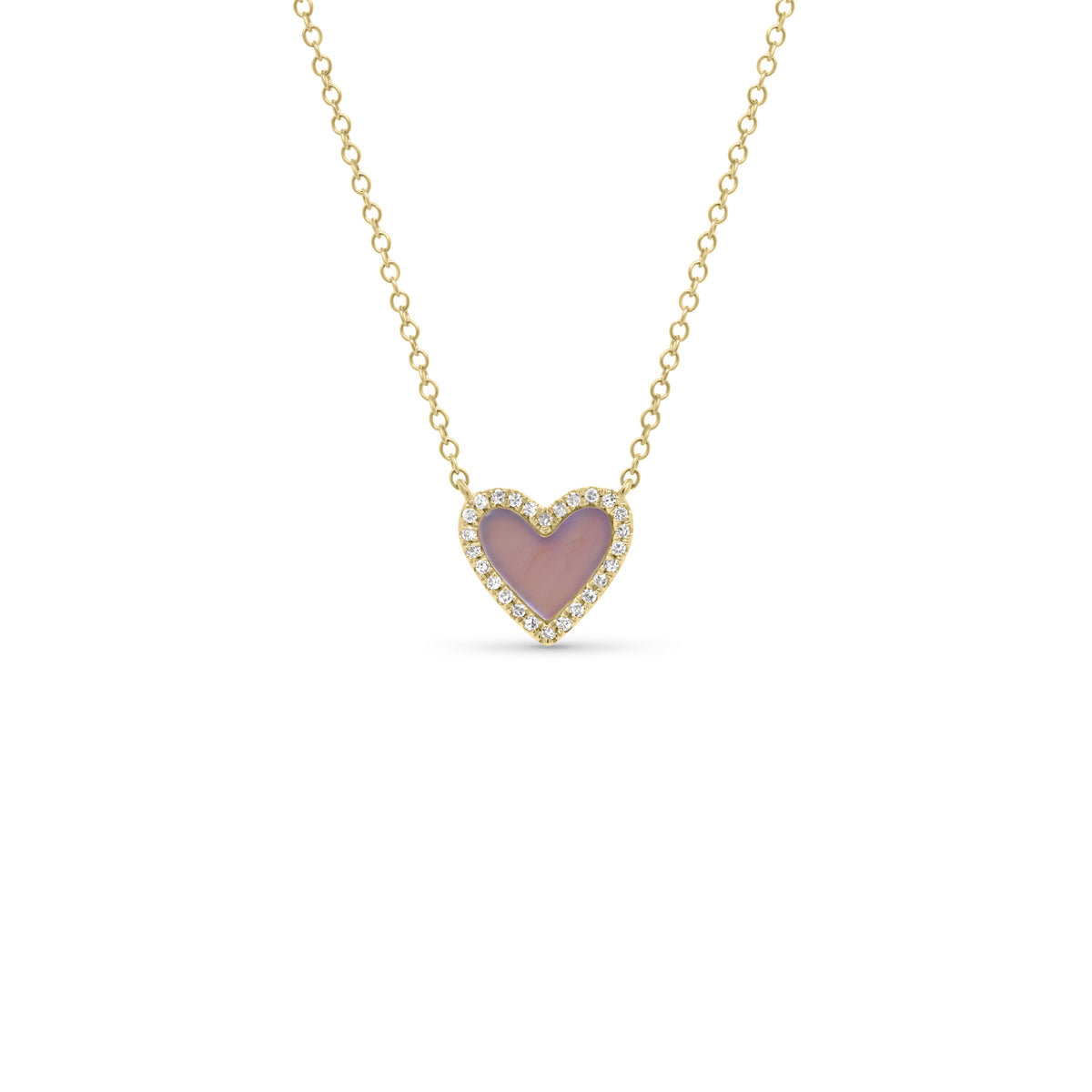 Mother of Pearl & Diamond Small Heart Pendant  - 14K gold weighing 1.57 grams  - 26 round diamonds totaling 0.07 carats  - Mother of pearl