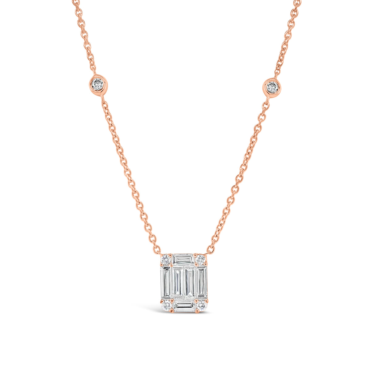 Diamond Large Rectangle Pendant with Bezel-Set Diamond Stations  - 18K gold weighing 5.55 grams  - 12 round diamonds totaling 0.34 carats  - 6 straight baguettes totaling 0.93 carats