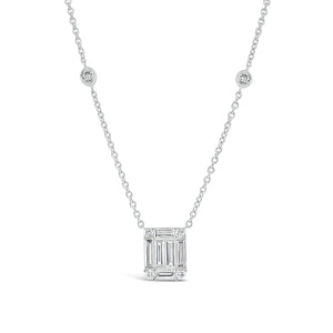 Diamond Large Rectangle Pendant with Bezel-Set Diamond Stations  - 18K gold weighing 5.55 grams  - 12 round diamonds totaling 0.34 carats  - 6 straight baguettes totaling 0.93 carats